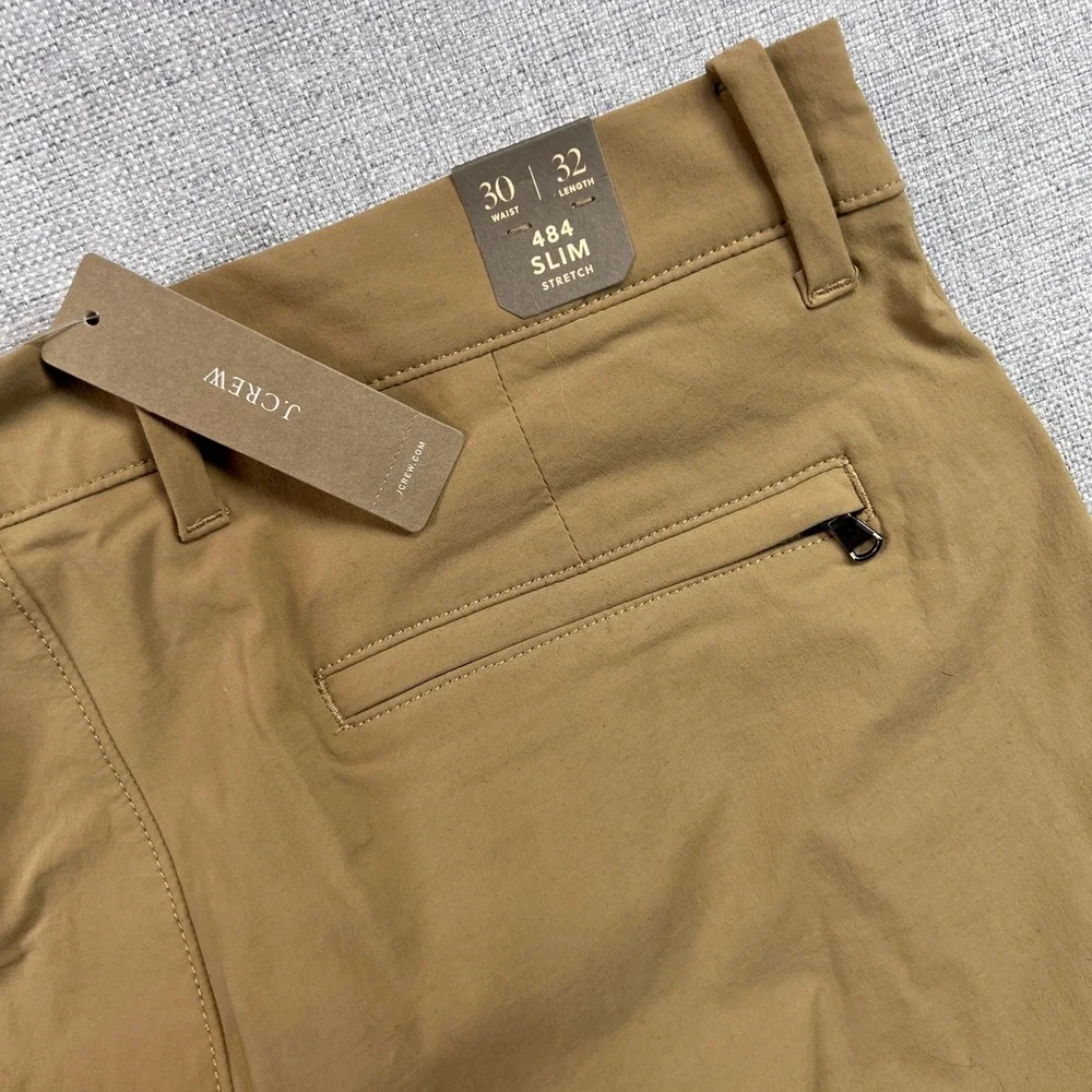 J. Crew 484 Slim Stretch Tech Pants Men 30x32 Khaki Water Resistant Commuter NWT